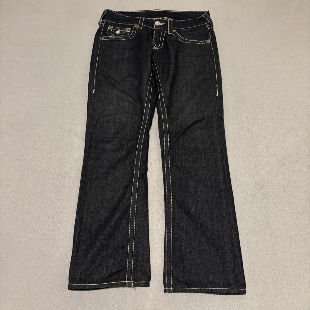 True Religion Straight Leg Jeans Indigo White Stitch Womens 29 Grunge Fall Y2K
